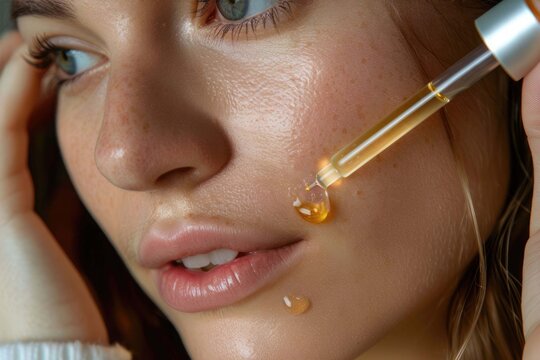 Young Skin Care Routine. Beautiful girl applying a Vitamin C booster antioxidant ascorbic acid anti aging serum to her face while holding a pipette in Captions are provided by our contributors.