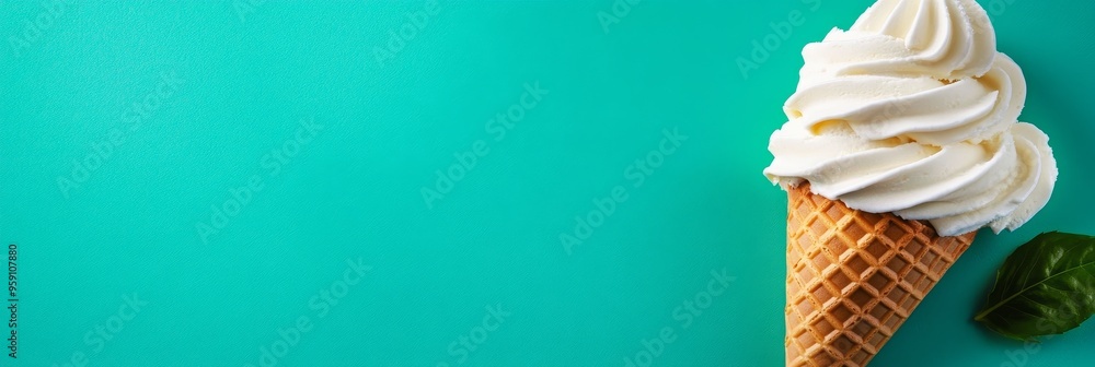 Poster a single scoop of vanilla ice cream sits in a waffle cone on a vibrant turquoise background. the ice