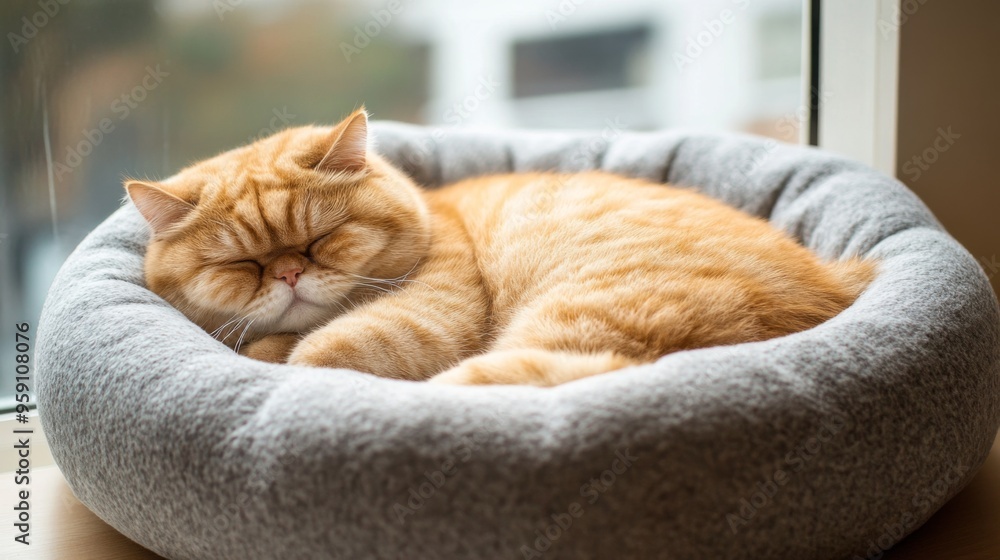 Poster a fat cat curled up in a ball inside a snug cat bed, with its round shape and soft fur clearly visib