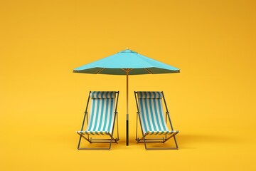 A high-resolution 3D render featuring two beach chairs under an umbrella against a yellow backdrop. 