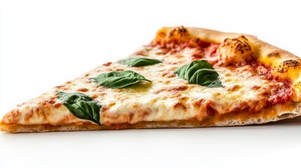 A single slice of pizza with melted cheese, tomato sauce, and fresh basil leaves. The pizza is perfectly cooked and the cheese is gooey and bubbly. The basil leaves add a touch of freshness and flavor