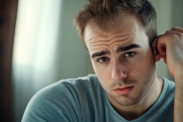 Obraz premium Mens Hair Loss. Worried Man: Portrait of a Male with Alopecia and Brown Hair