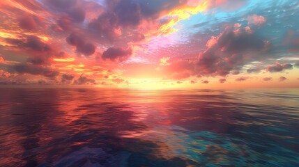 Obraz premium Sunset Over the Ocean: A breathtaking sunset over the ocean, with the sky painted in vibrant colors reflecting on the water. 