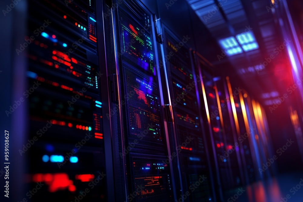 Poster a sleek, modern server room with rows of powerful servers, featuring brightly lit data screens displ