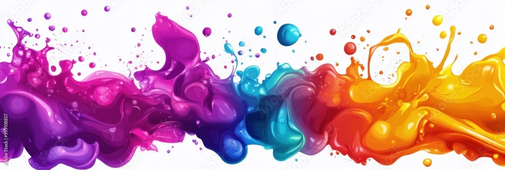 Poster colorful background with vibrant splashes and bubbles on a white background, featuring a flat design