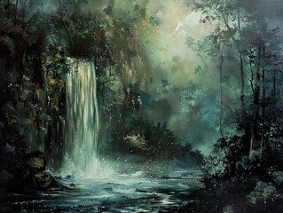A serene waterfall cascades down a rocky cliff in a lush green forest, mist rising from the water.