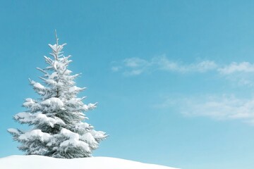 A solitary snow-covered Christmas tree stands tall against a bright blue sky. The tree's branches are laden with fluffy white snow, symbolizing peace, tranquility, and the beauty of winter. The blue s