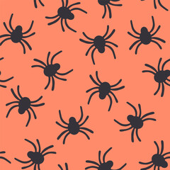 Halloween pattern with spiders on orange background, seamless print