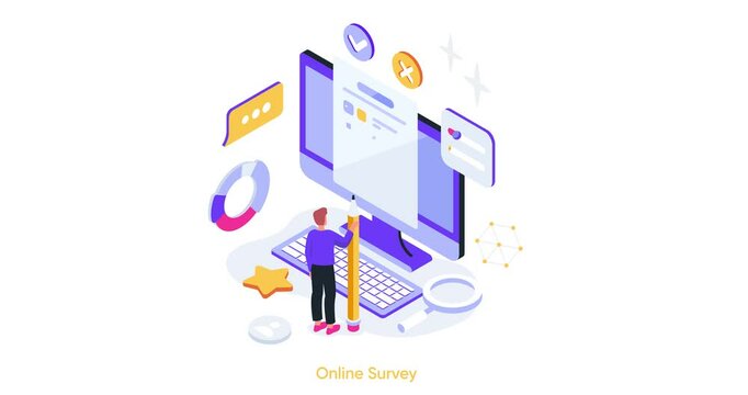 Online survey. Moving banner with man holding pencil and answering questions in public questionnaire on computer screen. Passing digital test or exam on Internet. Isometric 3D Animated Graphics