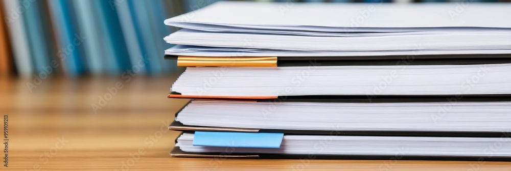 Poster a stack of organized binders with business plans and notes, representing the importance of planning 