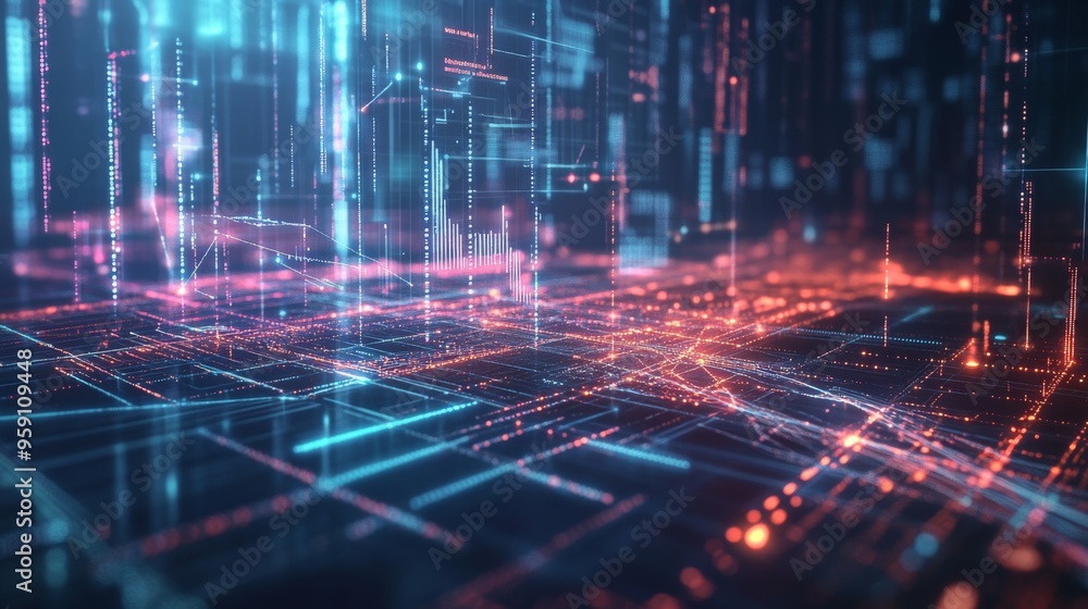 Poster A futuristic 3D graph with interconnected nodes and lines, showcasing a network of data and relationships in a digital, high-tech environment