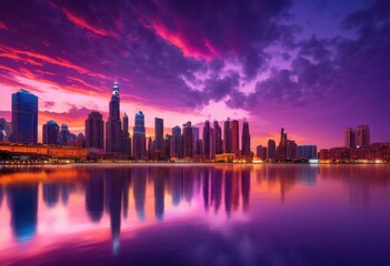 Obraz premium vibrant city skyline twilight showcasing stunning lights glowing buildings colorful evening sky, architecture, cityscape, skyscrapers, urban, landscape