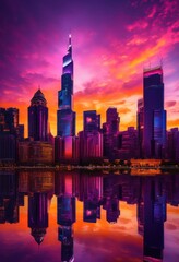 Fototapeta premium stunning vibrant city skyline bathed bright sunset reflections creating colorful luminous urban landscape, aesthetic, backdrop, brilliant, buildings