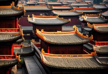 Fototapeta premium exploring depth rooftop designs traditional chinese architecture featuring unique elegant ornate details, eaves, curves, style, structure, pattern