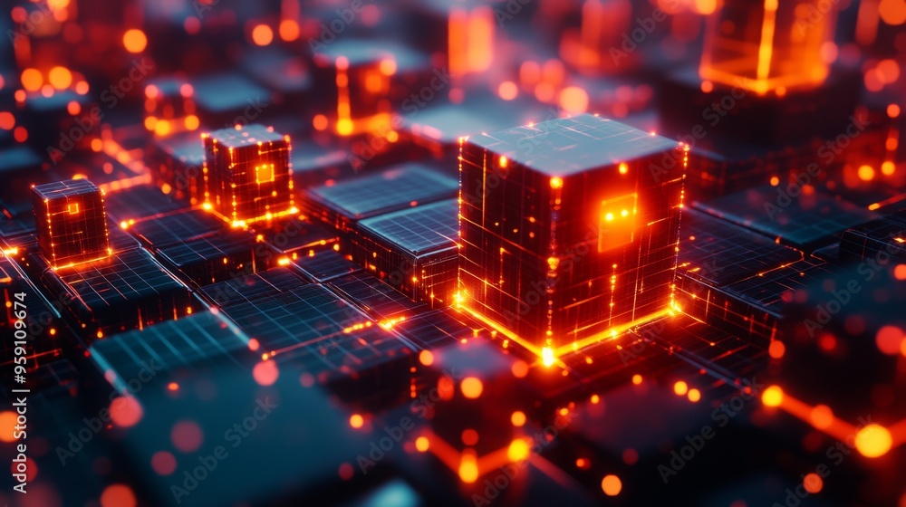 Fototapete A futuristic 3D heatmap with glowing cubes representing data intensity, displayed over a grid surface, emphasizing high-tech analytics and information flow.