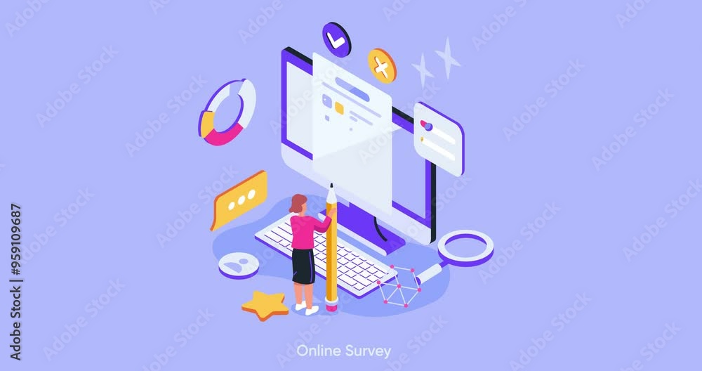 Fototapete online survey. moving banner with woman standing in front of computer screen and passing digital exa