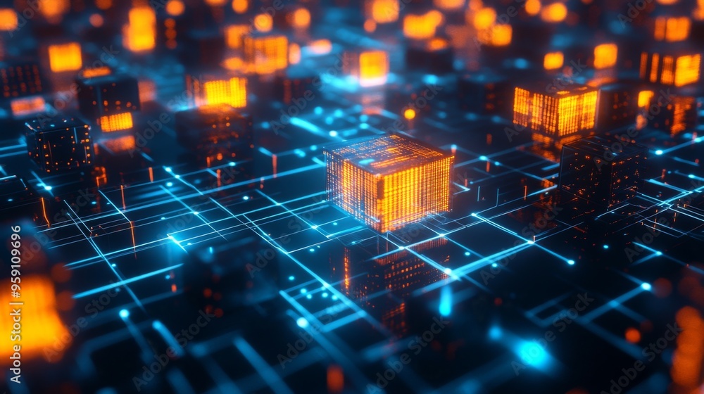 Fototapete A futuristic 3D heatmap with glowing cubes representing data intensity, displayed over a grid surface, emphasizing high-tech analytics and information flow.