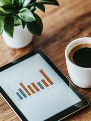 A tablet displaying a business growth chart, symbolizing success, planning, progress, strategy, and innovation, with a coffee cup nearby.