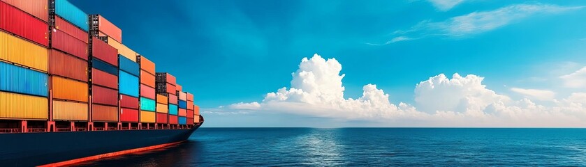 Fototapeta premium A vibrant cargo ship with colorful containers sailing on a tranquil sea under a clear blue sky.