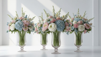 Fototapeta premium Set of spring bunch flowers in glass vases, isolated on white background.