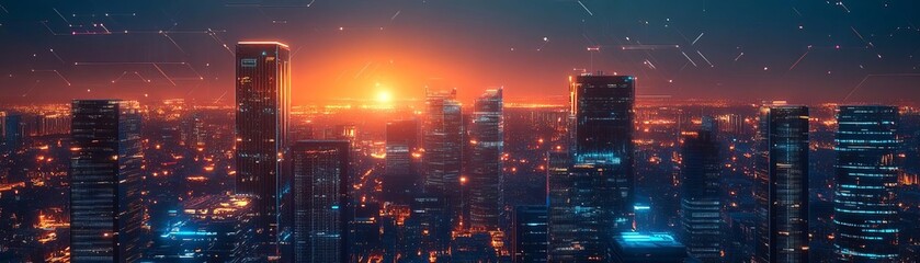 Fototapeta premium A vibrant city skyline at sunset, showcasing glowing skyscrapers and colorful lights against a deep blue sky.