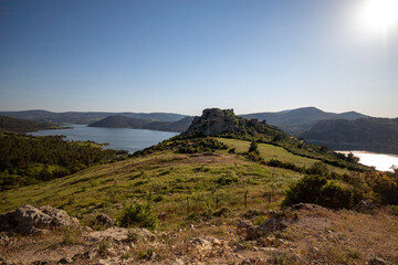 View from the mountain to the lake. View from the top of the mountain to the sea and the sky. Panoramic view of the River from the mountain.