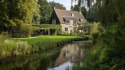 Fototapeta premium Charming English cottage with thatched roof reflected in tranquil stream surrounded by lush green gardens and overhanging willows, copy space