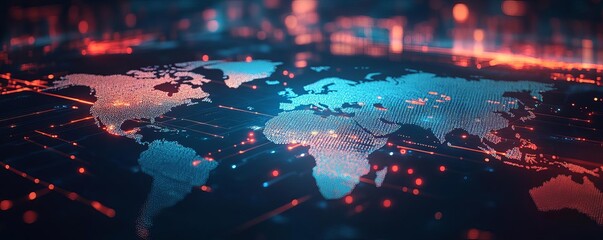 A vibrant digital world map showcasing global connectivity through illuminated lines and nodes, representing modern technology.