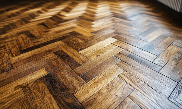 Close-up of a parquet floor in a luxury interior, featuring a herringbone pattern