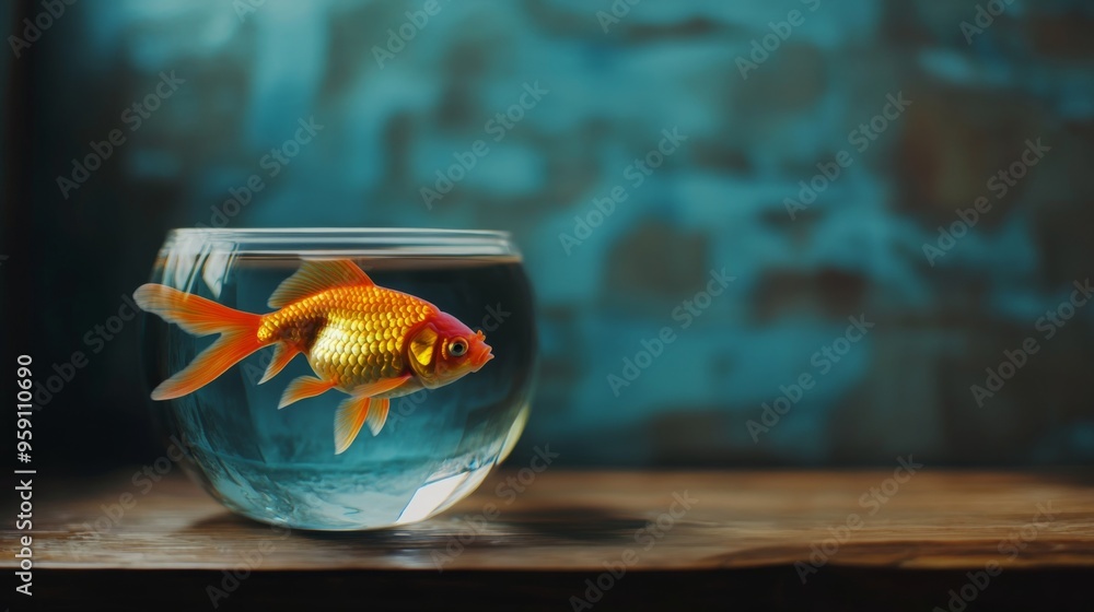Poster a goldfish in a small, elegant fishbowl with a minimalist setup, showcasing its bright orange color 