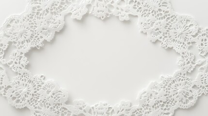 Fototapeta premium Elegant white lace frame on a plain background, perfect for invitations, wedding cards, and delicate design projects.