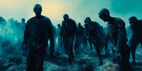 A group of zombies walking through a field of dirt