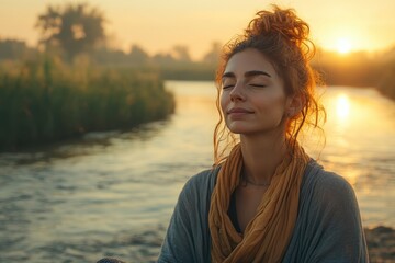 A woman practicing deep breathing exercises by a river, emphasizing the importance of breathwork in calming the mind and body.