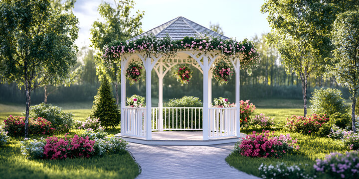White Gazebo with Gabled Roof in a Garden