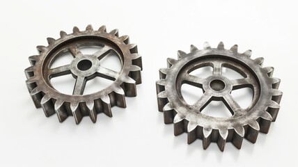 A Pair of Old Rusty Metal Gears Isolated on a White Background with Sharp Teeth and Rough Cast Iron Texture