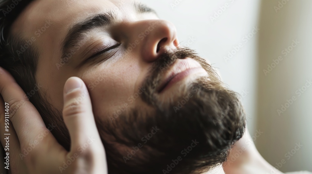 Wall mural Relaxing Head Massage for a Bearded Man in a Comfortable Setting, Embracing Peace and Tranquility with Eyes Closed