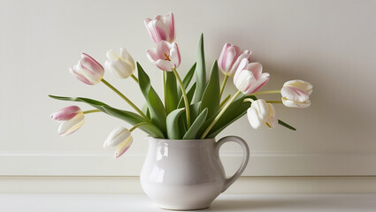 Fototapeta premium White and pink tulips in white vase on background wall stock photo