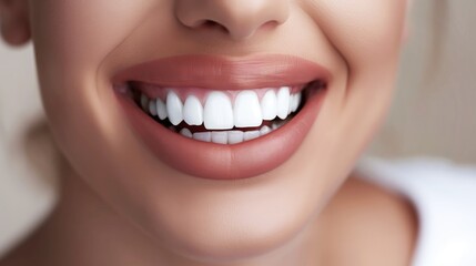 Fototapeta premium Radiant young woman smiling brightly with perfect white teeth, pink lips, and flawless skin in soft blurred background