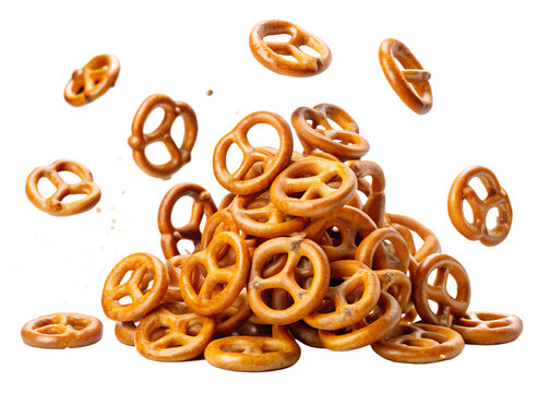 A dynamic image of salted pretzels falling onto a pile. The golden-brown pretzels are isolated on a white background, with salt crystals visible, capturing their crunchy texture.