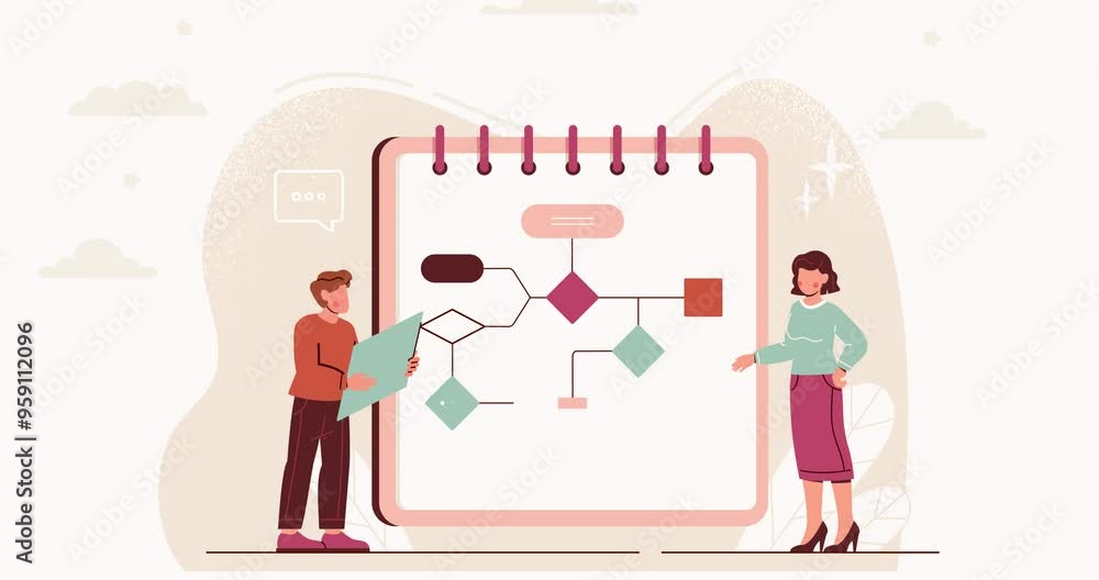 Poster workflow optimization. moving banner with man and woman office employees or entrepreneurs creating a