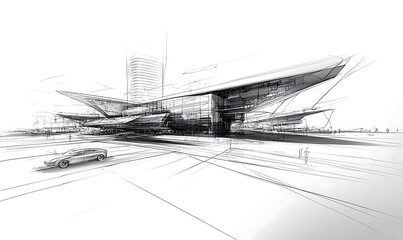 Obraz premium Sketch of a Modern Building with a Car in Front