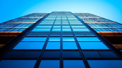 A tall building with many windows and a blue sky in the background