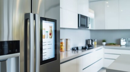 Modern stainless steel refrigerator with digital display and a bright kitchen in the background