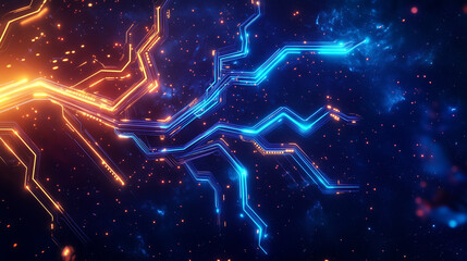 Abstract glowing circuitry in blue and orange, representing digital connections and futuristic technology in a cosmic setting