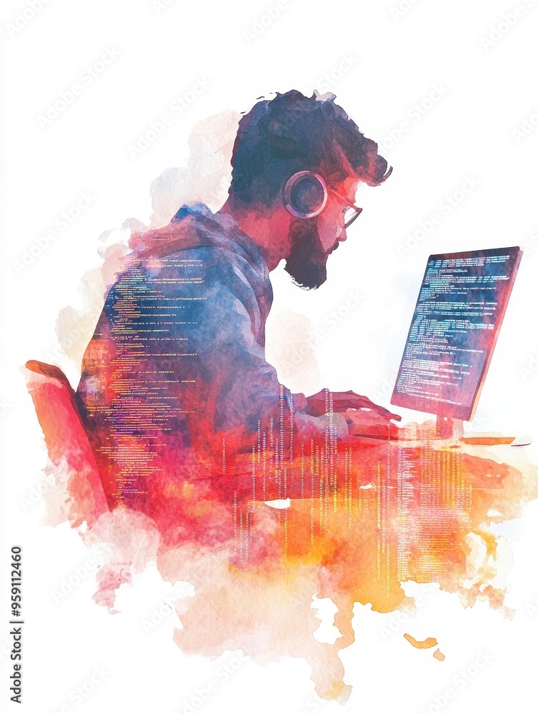 Poster a watercolor illustration of a web developer working on their computer, with code and a colorful bac