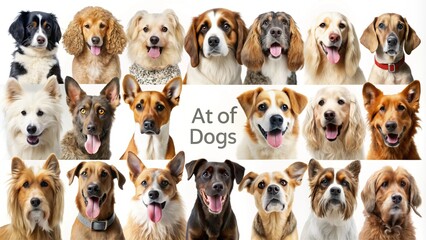 Portraits of different dog breeds on a white background