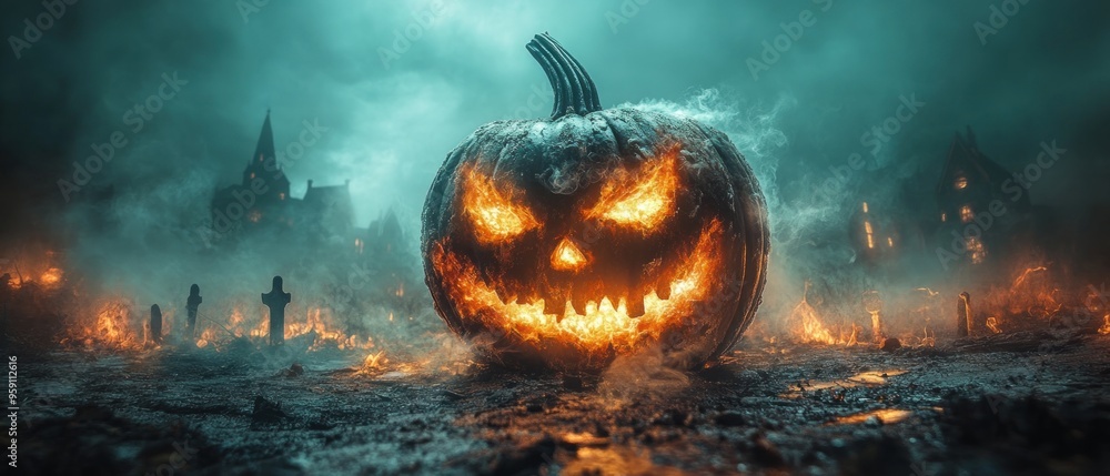 Wall mural Flaming Jack-o'-lantern in a Foggy Graveyard