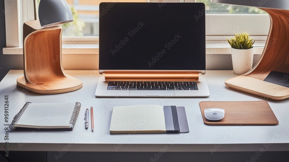Poster A high-resolution image of a clean, contemporary desk with a laptop, wireless keyboard, and mouse, alongside a notepad and pen, emphasizing a modern work environment