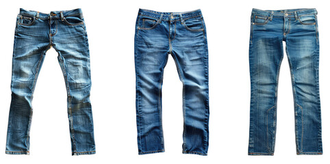 Denim jeans isolated on transparent background, set of