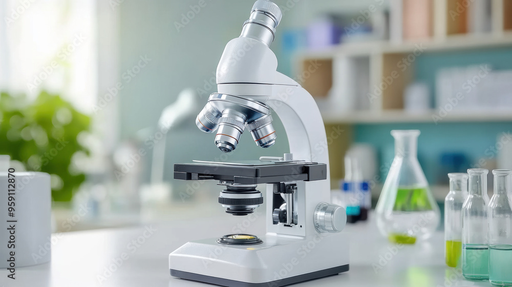 Poster a microscope on a table with some bottles and other things, ai